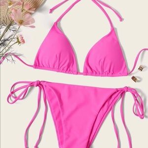 Neon Pink Triangle Tie Side Tanga Bikini Swimsuit